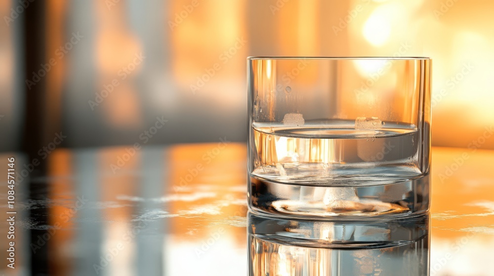 A glass of water on a table with a blurry background. A glass of water on a table with a blurry background.