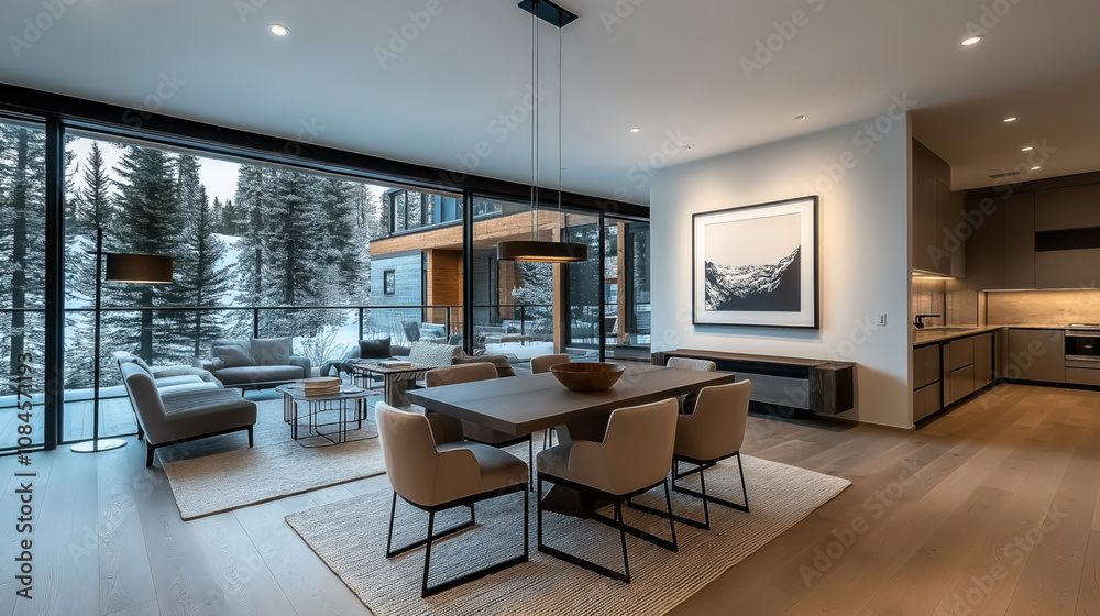 Modern open-concept living and dining area with minimalist furniture, large windows showcasing snowy forest view, and contemporary kitchen. Modern open-concept living and dining area with minimalist furniture, large windows showcasing snowy forest view, and contemporary kitchen.