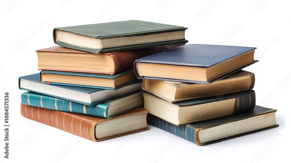A neatly stacked pile of hardcover books rests on a clean white background A neatly stacked pile of hardcover books rests on a clean white background