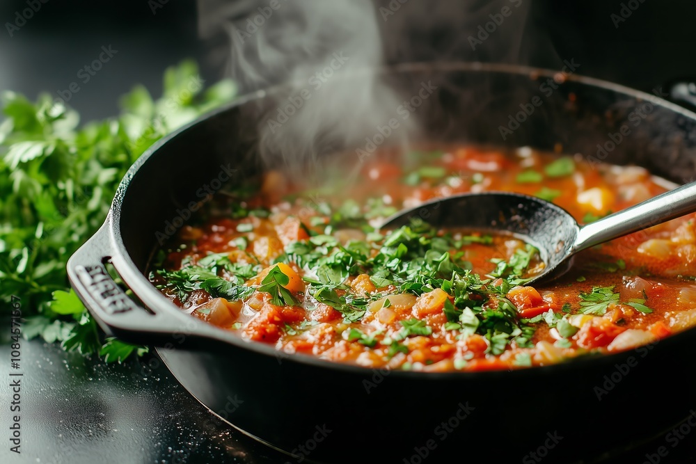 pepper pot stew simmering in a cast-iron pot, with a ladle and steam rising, surrounded by fresh herbs and spices, on a matte black countertop pepper pot stew simmering in a cast-iron pot, with a ladle and steam rising, surrounded by fresh herbs and spices, on a matte black countertop