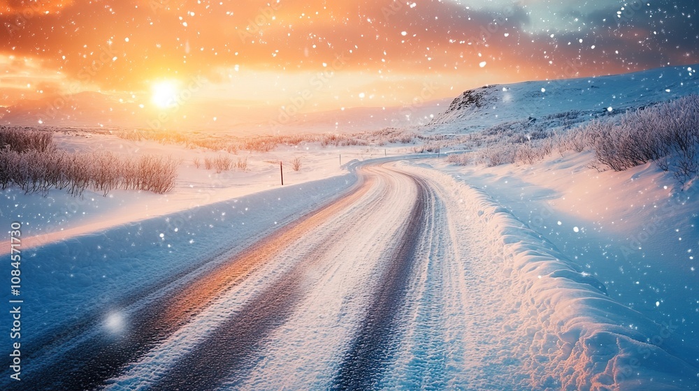 Snowy road at sunset. Beautiful winter landscape with snow-covered road Snowy road at sunset. Beautiful winter landscape with snow-covered road