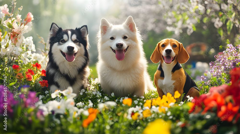 Three Adorable Dogs in a Lively Garden: A Samoyed, Golden Retriever, and Beagle Posing Together for a Picture Perfect Shot. Three Adorable Dogs in a Lively Garden: A Samoyed, Golden Retriever, and Beagle Posing Together for a Picture Perfect Shot.
