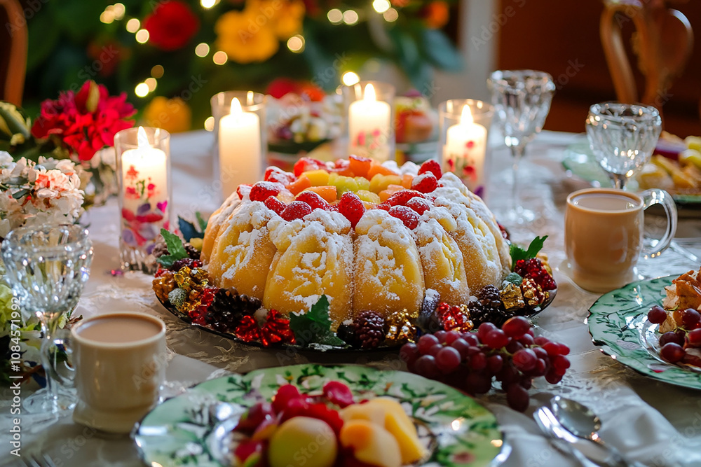 cozy room with a beautifully set table for Epiphany Three Kings Day, featuring a traditional Rosca de Reyes almond cake as the centerpiece. This festive setup captures the warmth and joy of holiday ce