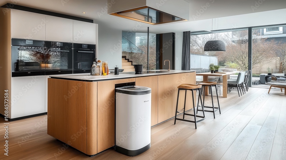 Modern open-plan kitchen with wooden island, built-in appliances, dining area, and large windows overlooking a garden Modern open-plan kitchen with wooden island, built-in appliances, dining area, and large windows overlooking a garden