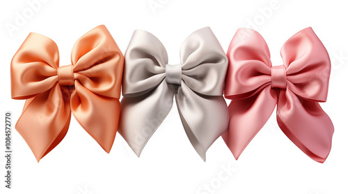 Stylish ribbon bows in various colors, adding elegance to gift wrapping, decorations, and party themes, isolated on transparent background. photo