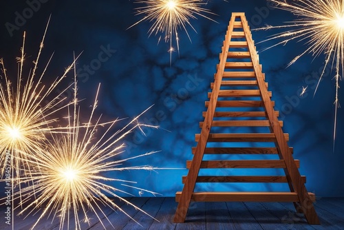 Monumental Learning Ladder Journey Illuminated by Vivid Sparks on a Shadowy Blue Backdrop photo