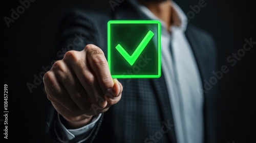 A person in a suit holds a glowing green checkmark symbol, indicating approval or success.