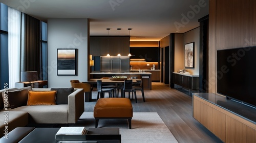 Contemporary open-plan living room with modern kitchen, elegant furniture, large windows, and neutral color scheme featuring gray and orange accents. photo