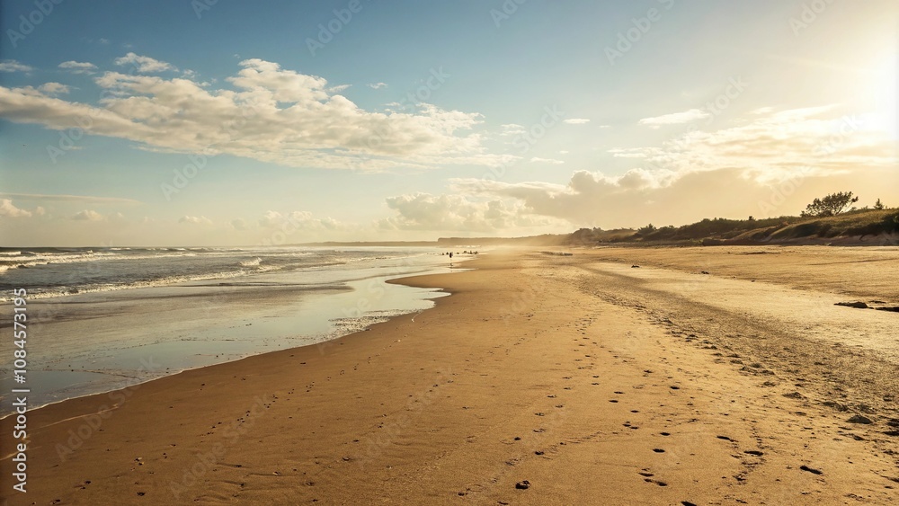 Warm sunlight on sandy beach at low tide, landscape, scenery, tide Warm sunlight on sandy beach at low tide, landscape, scenery, tide