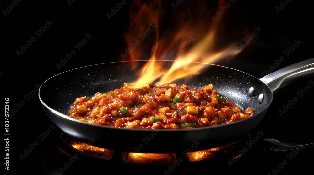 Chef cooking Indian food in pan with fire flames on black background. Restaurant & hotel service concept, ultra-realistic, photorealistic, hypermaximalist 8K Chef cooking Indian food in pan with fire flames on black background. Restaurant & hotel service concept, ultra-realistic, photorealistic, hypermaximalist 8K