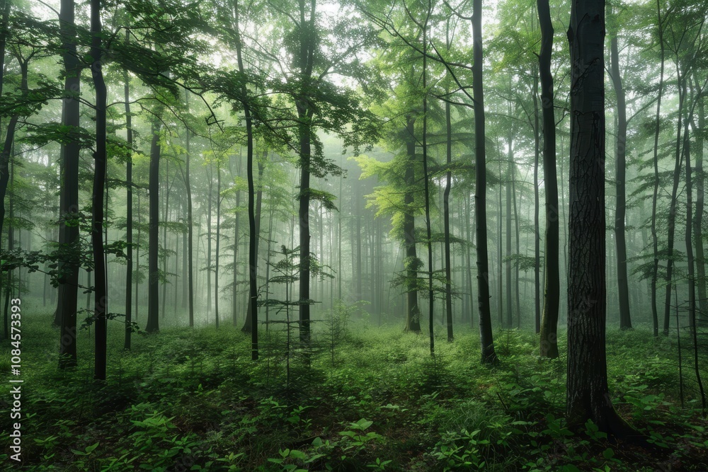 Mysterious Morning in a Foggy Forest for Serene and Calming Nature Themes