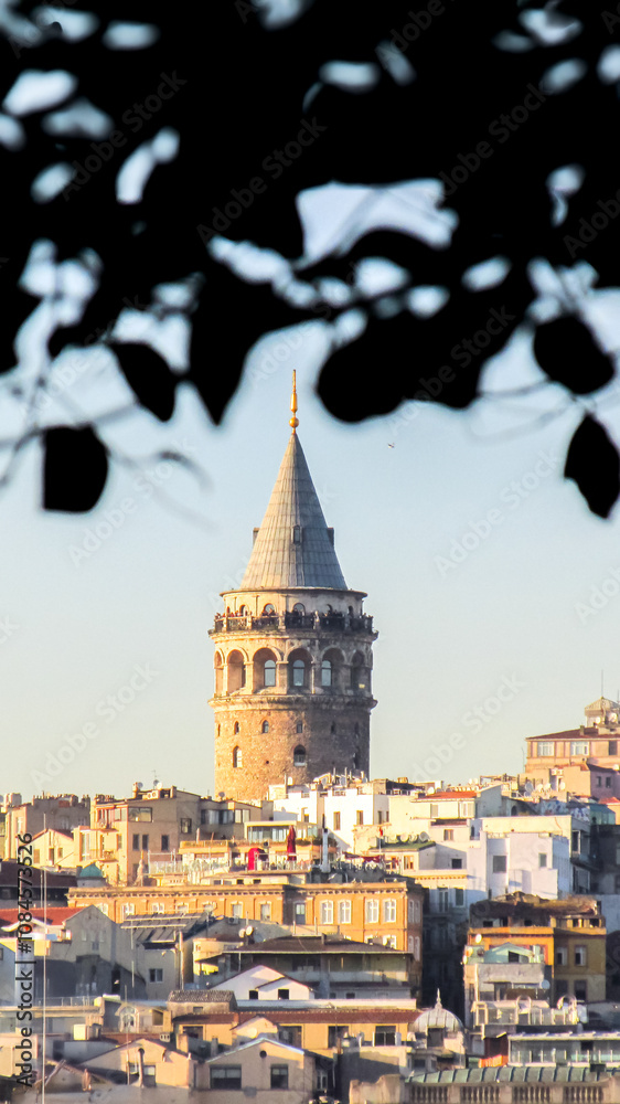 Naklejka premium Galata Tower framed by leaves and urban skyline under soft daylight