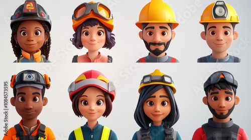 rescue workers Portrait Set Cute Cartoon Male and Female Avatars Multi-ethnic Man and Woman Faces Isolated on White Background