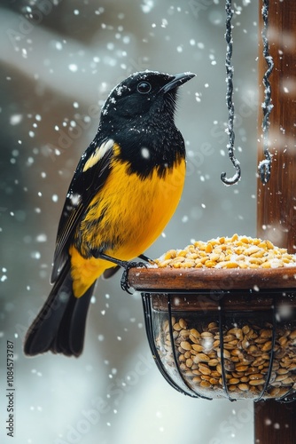 A vibrant bird perched on a snowy feeder during winter in a serene garden setting