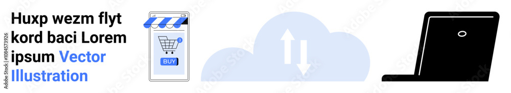 Smartphone with shopping cart, cloud with sync arrows, laptop. Ideal for e-commerce, tech startups, online shopping, data backup, cloud computing, mobile apps, IT services. Landing page Smartphone with shopping cart, cloud with sync arrows, laptop. Ideal for e-commerce, tech startups, online shopping, data backup, cloud computing, mobile apps, IT services. Landing page