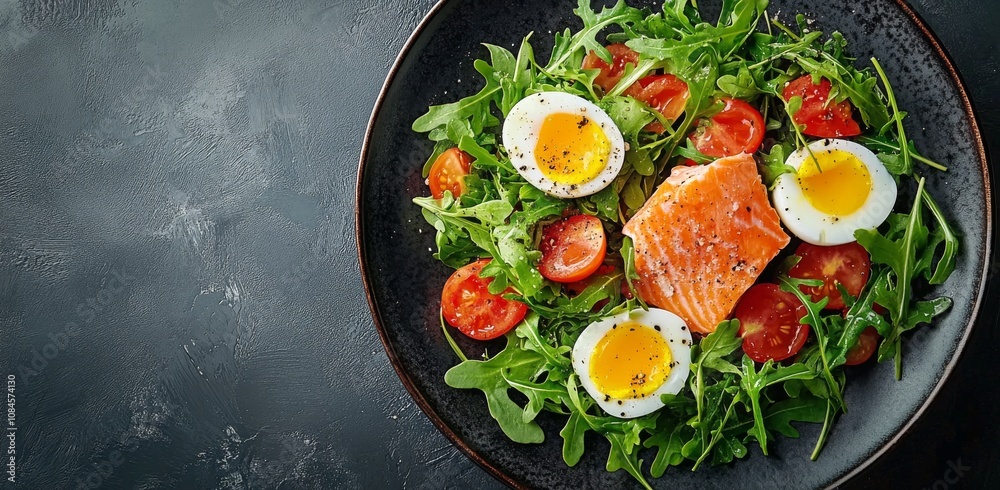 Fresh salmon salad served with arugula, cherry tomatoes, and soft boiled eggs on a black plate