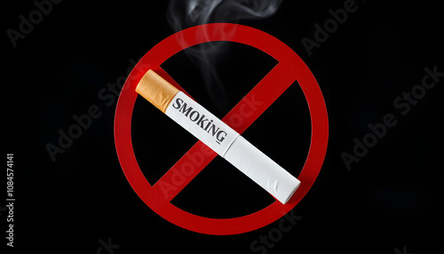 Red cross sign glued a cigarette. Prohibition of smoking cigarettes. No smoking symbol isolated with white highlights, png photo