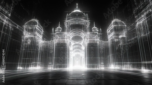 Glowing wireframe of castle architecture futuristic building photo