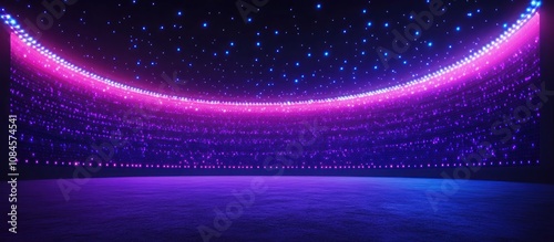 Authentic concave LED display for a wall or platform. Large TV display depicted in a vector illustration with neon blue and purple dot lights. Stadium digital scoreboard with diode lights