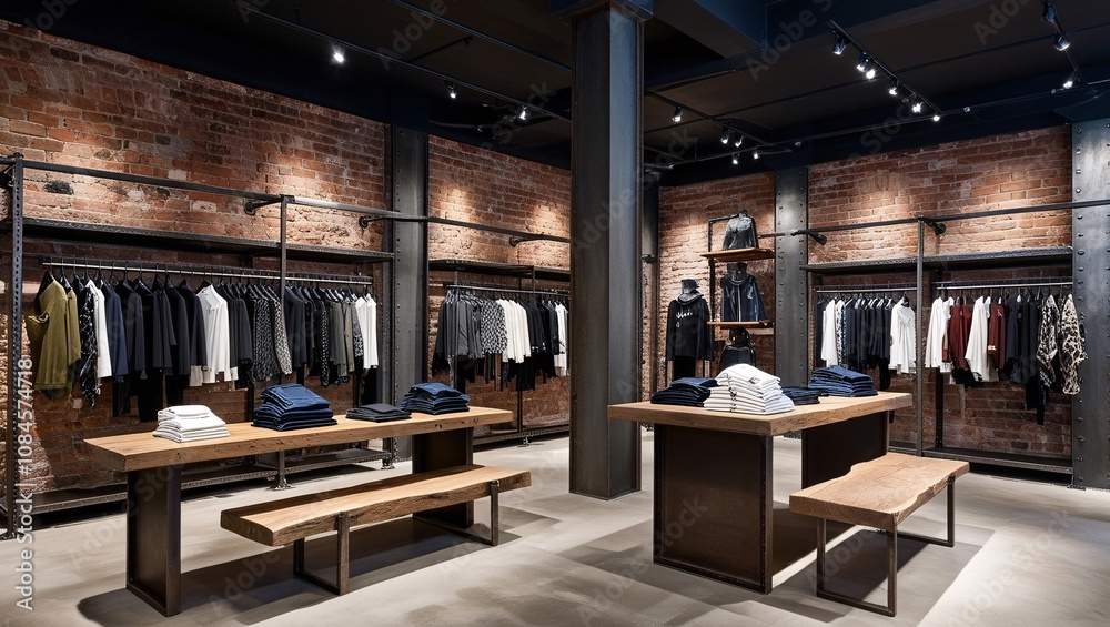 A modern retail space features clothing racks filled with various garments, complemented by wooden tables that enhance the aesthetic, creating an inviting shopping atmosphere A modern retail space features clothing racks filled with various garments, complemented by wooden tables that enhance the aesthetic, creating an inviting shopping atmosphere