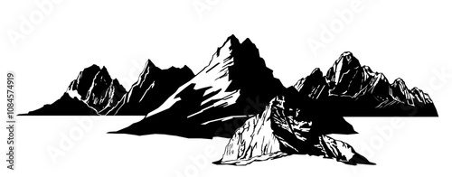 Ridge of rocks. Image of black silhouette isolated on white background. Vector Tales and stones. Mountain landscape. View from afar.