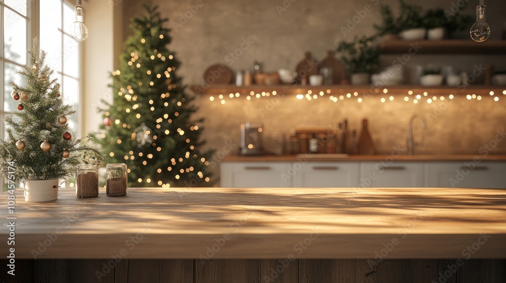 Festive kitchen backdrop with empty wooden table in foreground, Christmas tree and twinkling lights creating a warm, cozy atmosphere for holiday cooking and gatherings Festive kitchen backdrop with empty wooden table in foreground, Christmas tree and twinkling lights creating a warm, cozy atmosphere for holiday cooking and gatherings
