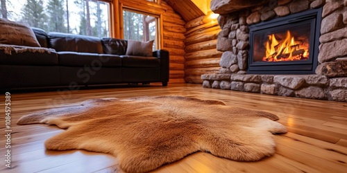 bearskin rug in cabin living room, fireplace in background 
