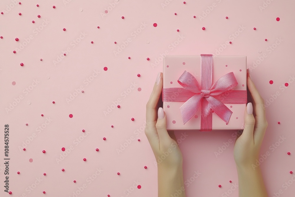 A pair of hands holding a pink gift box with a red ribbon on a pastel pink background A pair of hands holding a pink gift box with a red ribbon on a pastel pink background