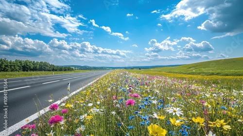 Scenic Highway with Colorful Wildflowers Lining the Road under a Bright Blue Sky with Fluffy Clouds in a Beautiful Summer Landscape