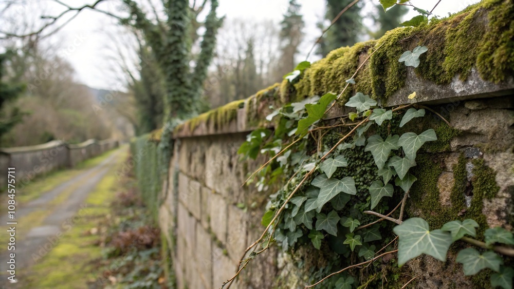 Weathered stone wall with overgrown ivy and moss, historic buildings, stone wall, old architecture, old brick wall Weathered stone wall with overgrown ivy and moss, historic buildings, stone wall, old architecture, old brick wall