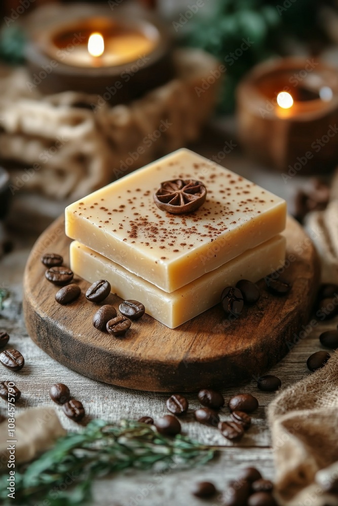 Natural handmade soap with coffee beans and candles on rustic wooden table in cozy setting Natural handmade soap with coffee beans and candles on rustic wooden table in cozy setting