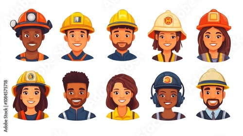 rescue workers Portrait Set Cute Cartoon Male and Female Avatars Multi-ethnic Man and Woman Faces Isolated on White Background