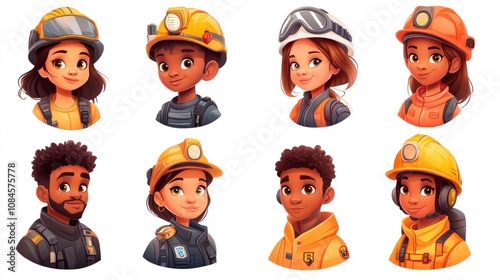 rescue workers Portrait Set Cute Cartoon Male and Female Avatars Multi-ethnic Man and Woman Faces Isolated on White Background