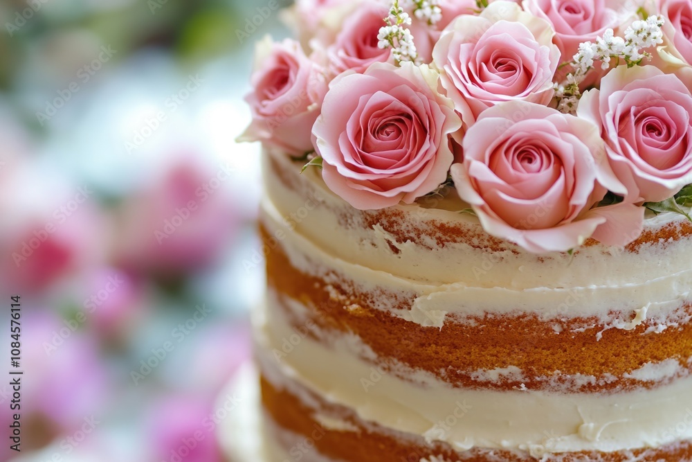 A close-up view of a cake with pink roses on top, perfect for special occasions or celebrations A close-up view of a cake with pink roses on top, perfect for special occasions or celebrations