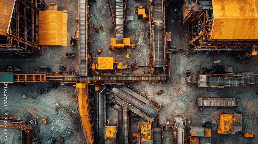 Aerial View of Industrial Mining Equipment in a Quarry, Featuring Conveyor Belts, Stockpiles, and Heavy Machinery in an Open-Pit Environment Aerial View of Industrial Mining Equipment in a Quarry, Featuring Conveyor Belts, Stockpiles, and Heavy Machinery in an Open-Pit Environment