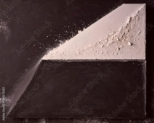 Dusty chalk abstract background with angular minimal shapes of white powder and slate chalkboard
