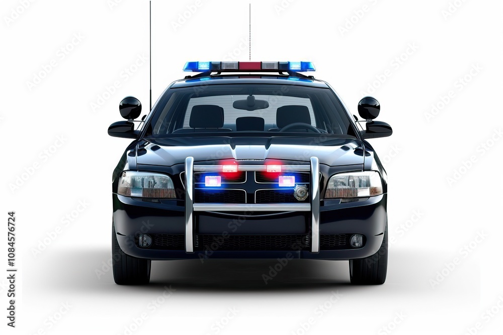 Front view of a police car with flashing lights, isolated on white background Front view of a police car with flashing lights, isolated on white background