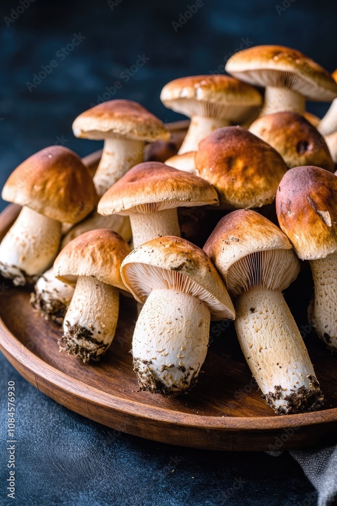 Fresh mushrooms arranged on a plate on a table, perfect for food photography or culinary concepts Fresh mushrooms arranged on a plate on a table, perfect for food photography or culinary concepts