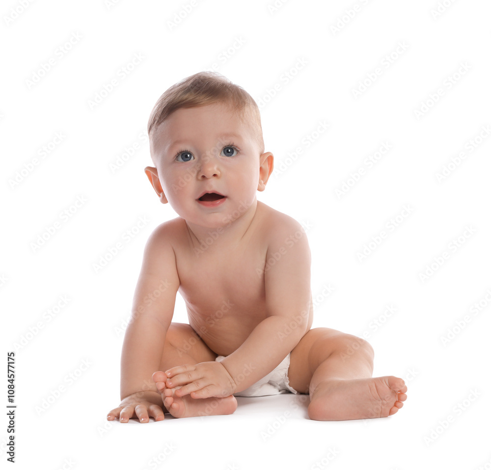 Little baby in diaper on white background Little baby in diaper on white background