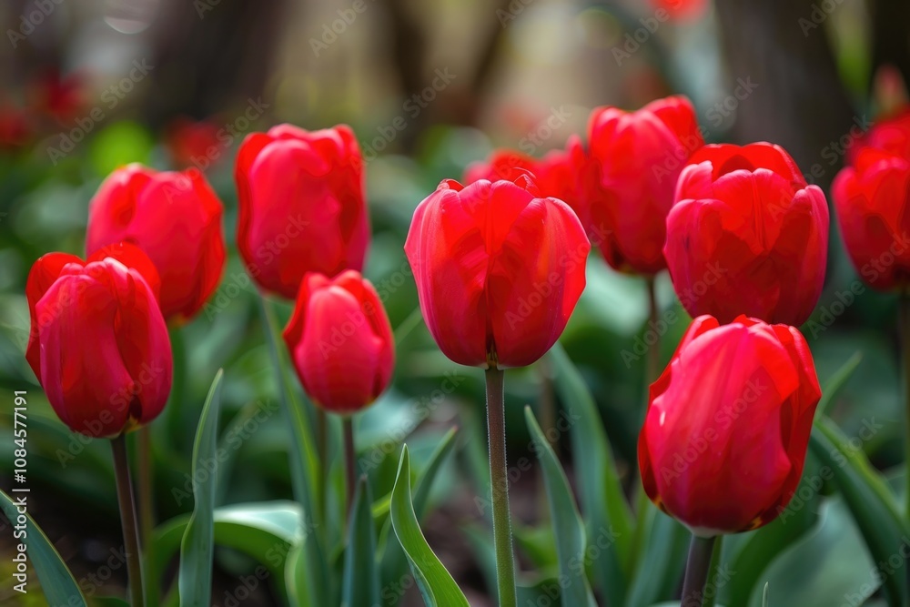 Naklejka premium A field of vibrant red tulips surrounded by lush green leaves
