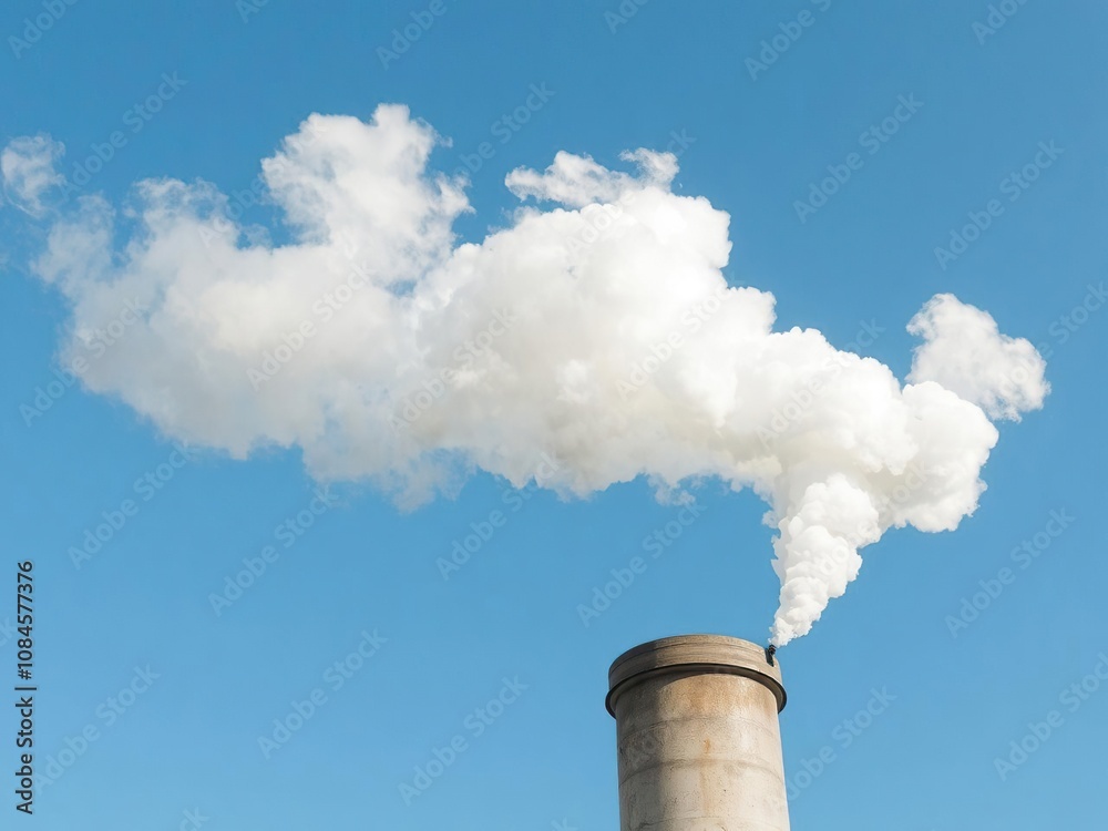 White smoke billowing from industrial pipe against clear blue sky, cloud, manufacturing, production White smoke billowing from industrial pipe against clear blue sky, cloud, manufacturing, production
