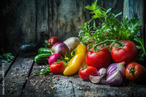 Fototapeta Naklejka Na Ścianę i Meble -  Fresh produce arranged on a rustic wooden table, perfect for a farmer's market or kitchen setting
