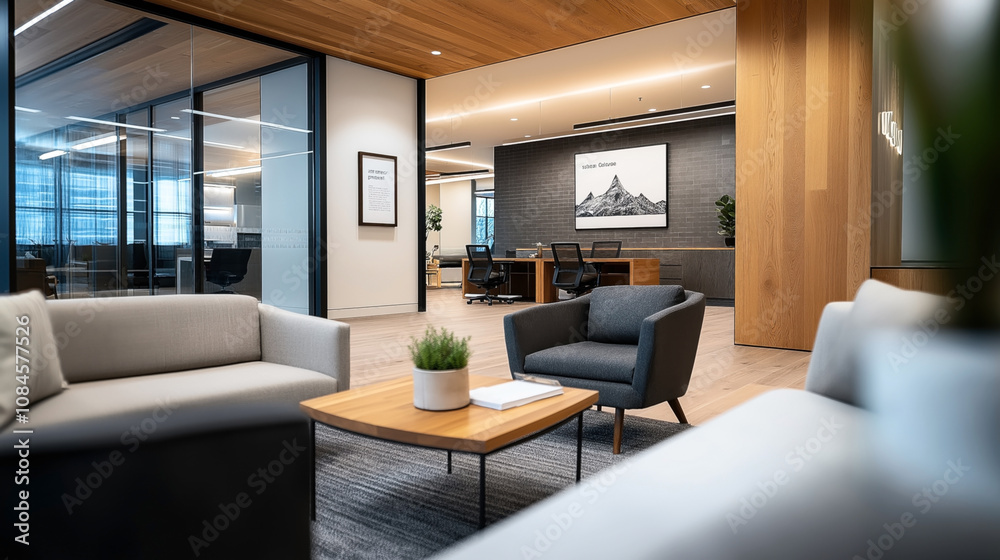 Modern office lounge area with gray sofas and wooden coffee table, open workspace in background with chairs and a mountain artwork on wall Modern office lounge area with gray sofas and wooden coffee table, open workspace in background with chairs and a mountain artwork on wall
