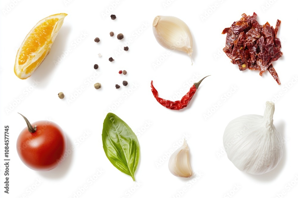 Fresh veggies and spices arranged on a clean white surface Fresh veggies and spices arranged on a clean white surface