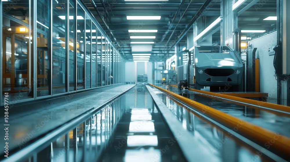 High-Tech Automotive Assembly Line with Sleek Vehicle, Modern Machinery, and Reflected Surface in a Bright Industrial Facility High-Tech Automotive Assembly Line with Sleek Vehicle, Modern Machinery, and Reflected Surface in a Bright Industrial Facility