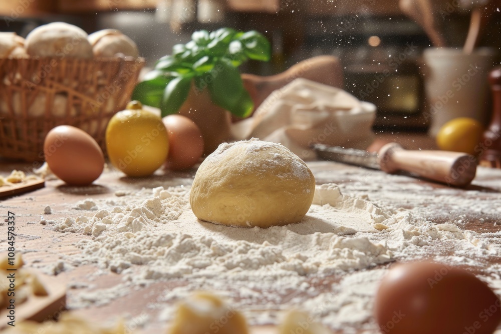A doughnut covered in flour sitting on a wooden table, great for food or bakery related scenes A doughnut covered in flour sitting on a wooden table, great for food or bakery related scenes