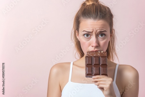 A woman holds a chocolate bar in front of her face, a moment of sweet indulgence photo