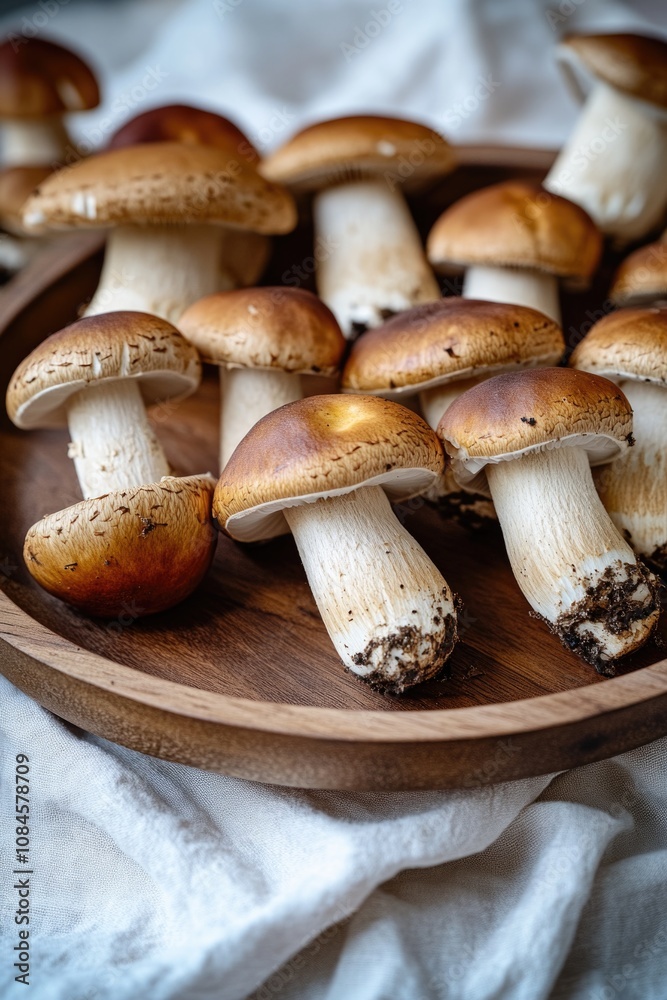 A bunch of mushrooms sitting on a wooden plate, perfect for a rustic or earthy-themed project A bunch of mushrooms sitting on a wooden plate, perfect for a rustic or earthy-themed project