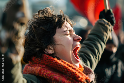 Passionate Protestor in Action at Rally Capturing Emotion and Determination photo