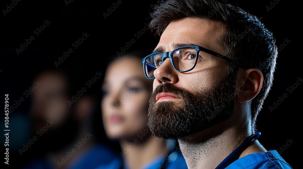 Obraz premium Male doctor with glasses and a beard, focused expression, wearing scrubs in a dark setting, embodying determination.
